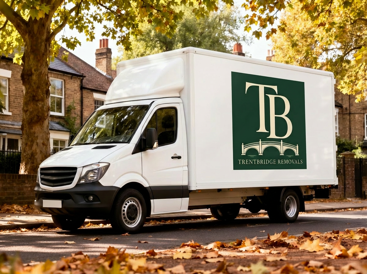 White Luton removals van parked on a tree-lined Nottingham residential street